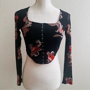 Y2K Black Crop Top Dragons Mesh Semi Sheer Rebellious Dreamer Hook